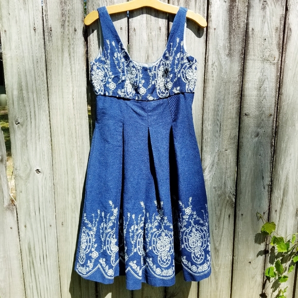 Embroidered Sleeveless Dark Denim Dress - Picture 6 of 15
